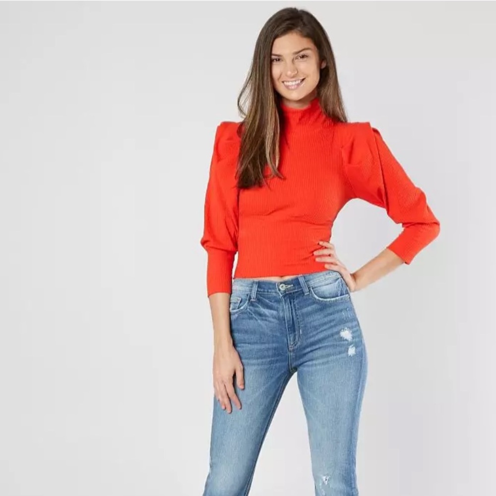Free People Lala Cropped Ribbed Turtleneck Top in Red Size Small